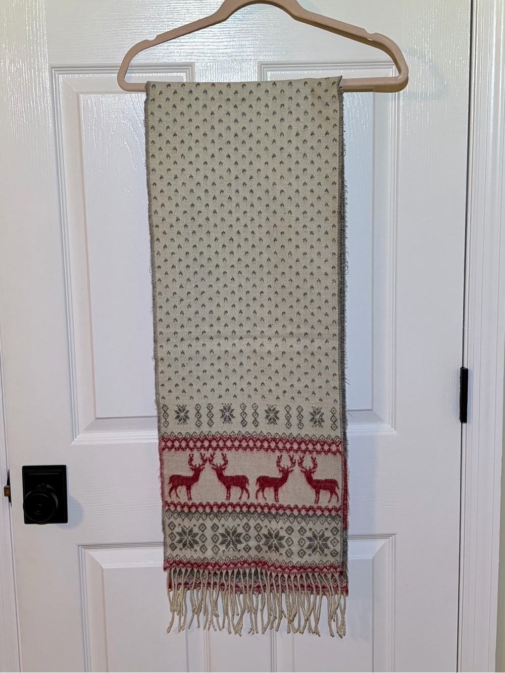 12” X 66” Soft Cozy Holiday Reindeer Pattern Winter Scarf - Cream & Red